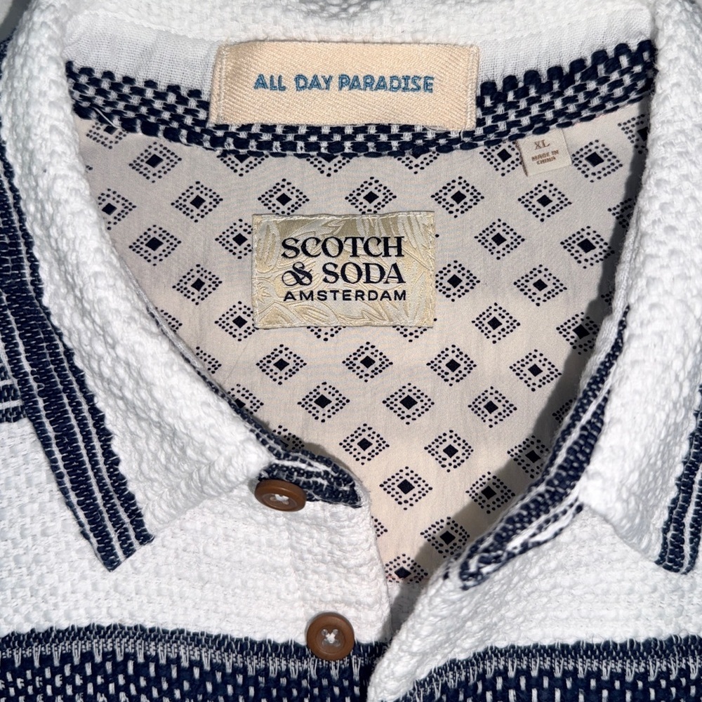 Scotch & Soda XL Basketweave Voile Button-Up Shirt White Navy Striped Resort - Picture 7 of 12